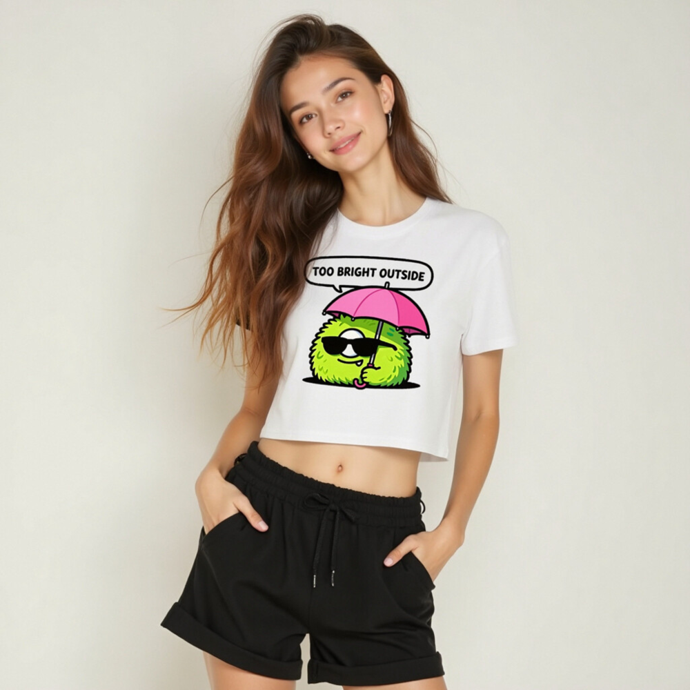 Women's Crop Top - Green Fuzzy Monster with Pink Umbrella, 'Too Bright Outside' Funny Tee - Image 6