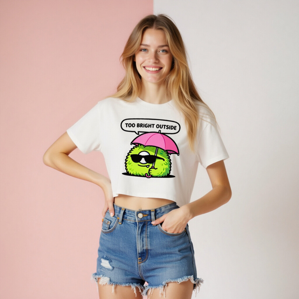 Women's Crop Top - Green Fuzzy Monster with Pink Umbrella, 'Too Bright Outside' Funny Tee - Image 8