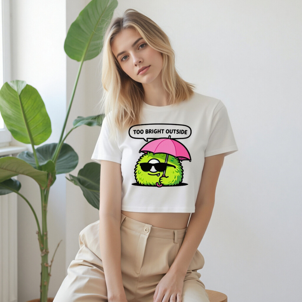 Women's Crop Top - Green Fuzzy Monster with Pink Umbrella, 'Too Bright Outside' Funny Tee - Image 9