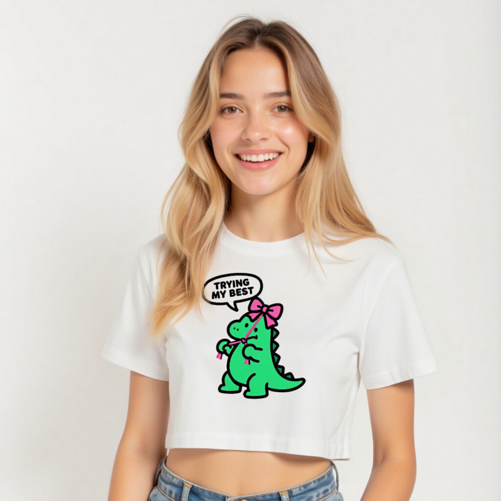 Women's Green Dino Crop Top - Trying My Best, Pink Bow, Cute Short Sleeve - Image 5