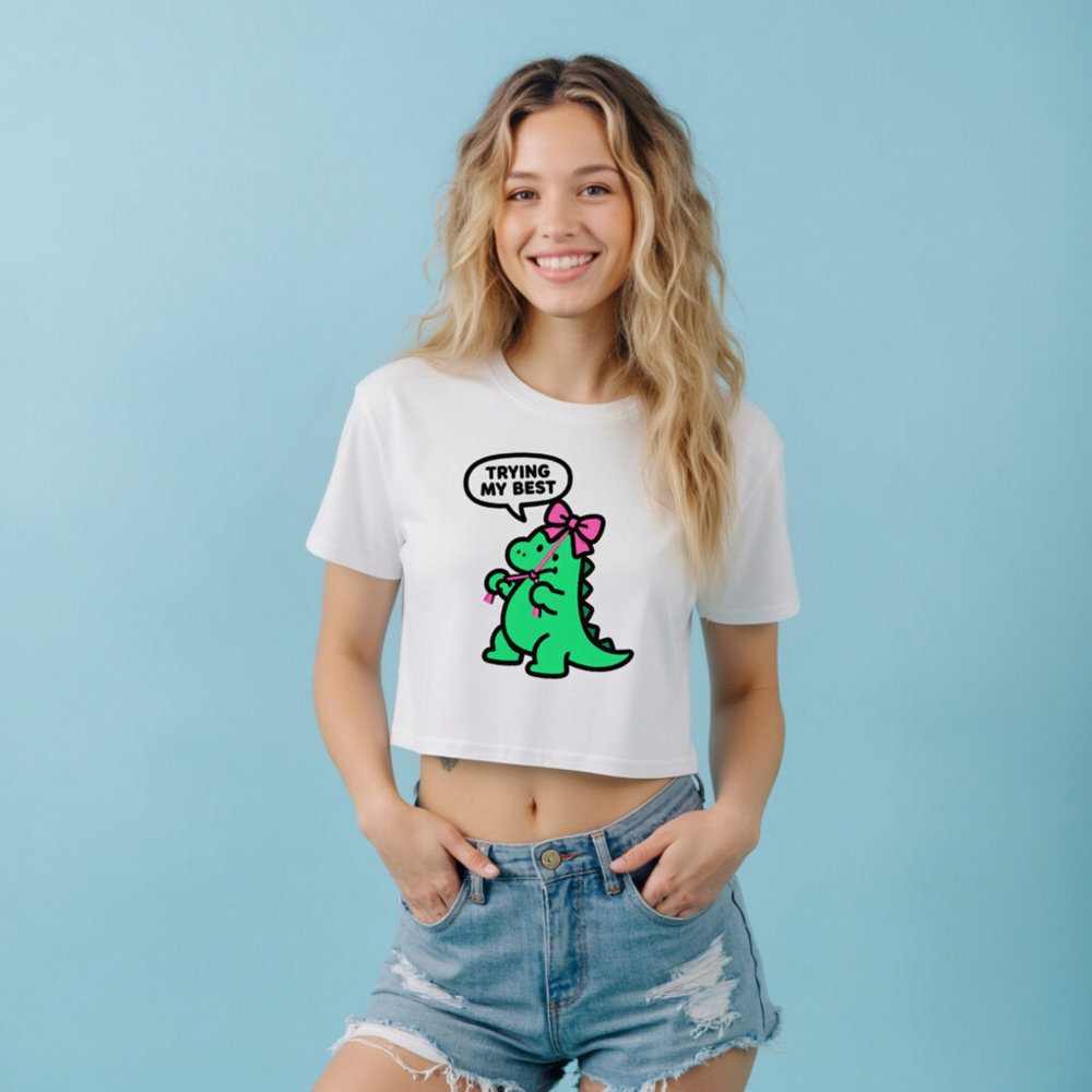 Women's Green Dino Crop Top - Trying My Best, Pink Bow, Cute Short Sleeve - Image 7
