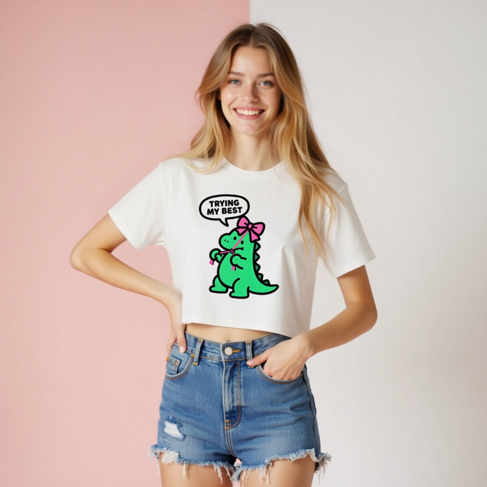 Women's Green Dino Crop Top - Trying My Best, Pink Bow, Cute Short Sleeve - Image 8