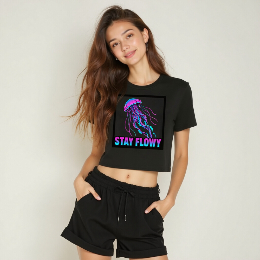 Women's Crop Top - Stay Flowy Jellyfish Graphic Tee, Neon Pink & Blue - Image 6