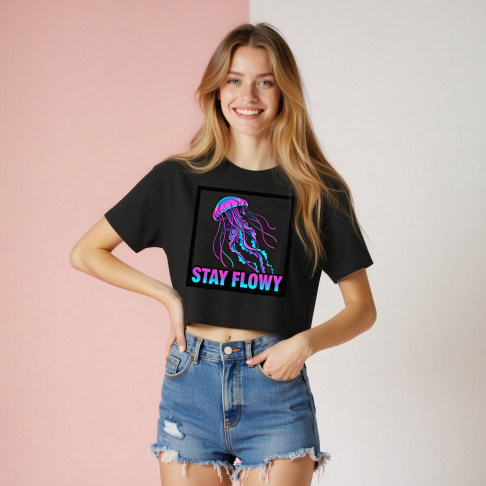 Women's Crop Top - Stay Flowy Jellyfish Graphic Tee, Neon Pink & Blue - Image 8