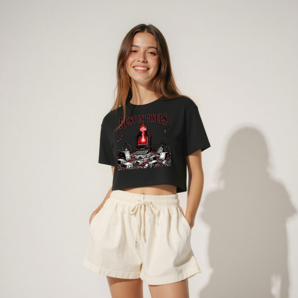 Rest in Pixels Women's Crop Top | Gothic Tech Graveyard Design - Image 4