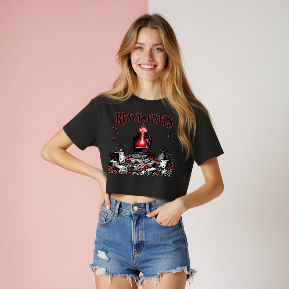 Rest in Pixels Women's Crop Top | Gothic Tech Graveyard Design - Image 8