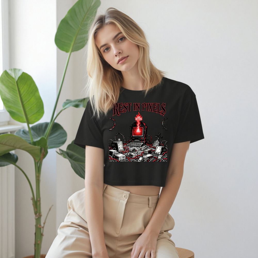 Rest in Pixels Women's Crop Top | Gothic Tech Graveyard Design - Image 9