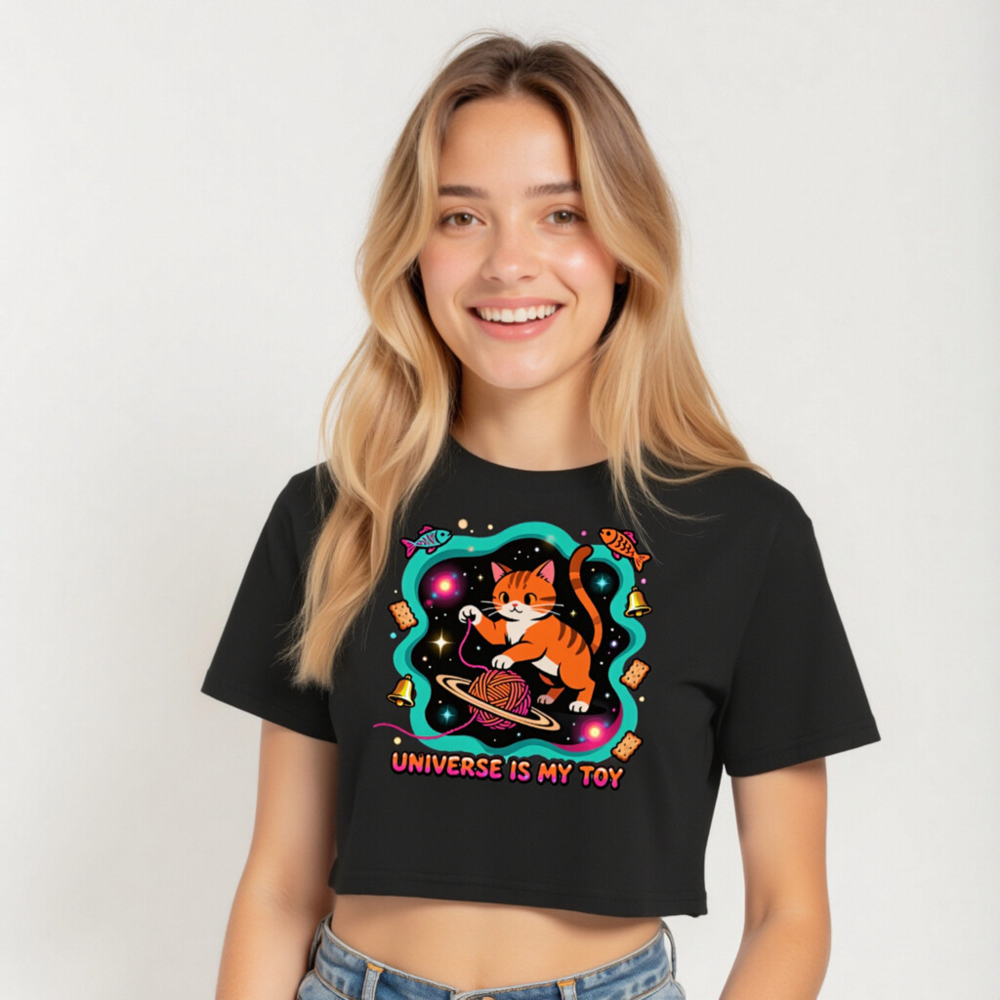 Women's Crop Top - Orange Tabby Cat Universe Toy, Space Yarn Planet Design - Image 5