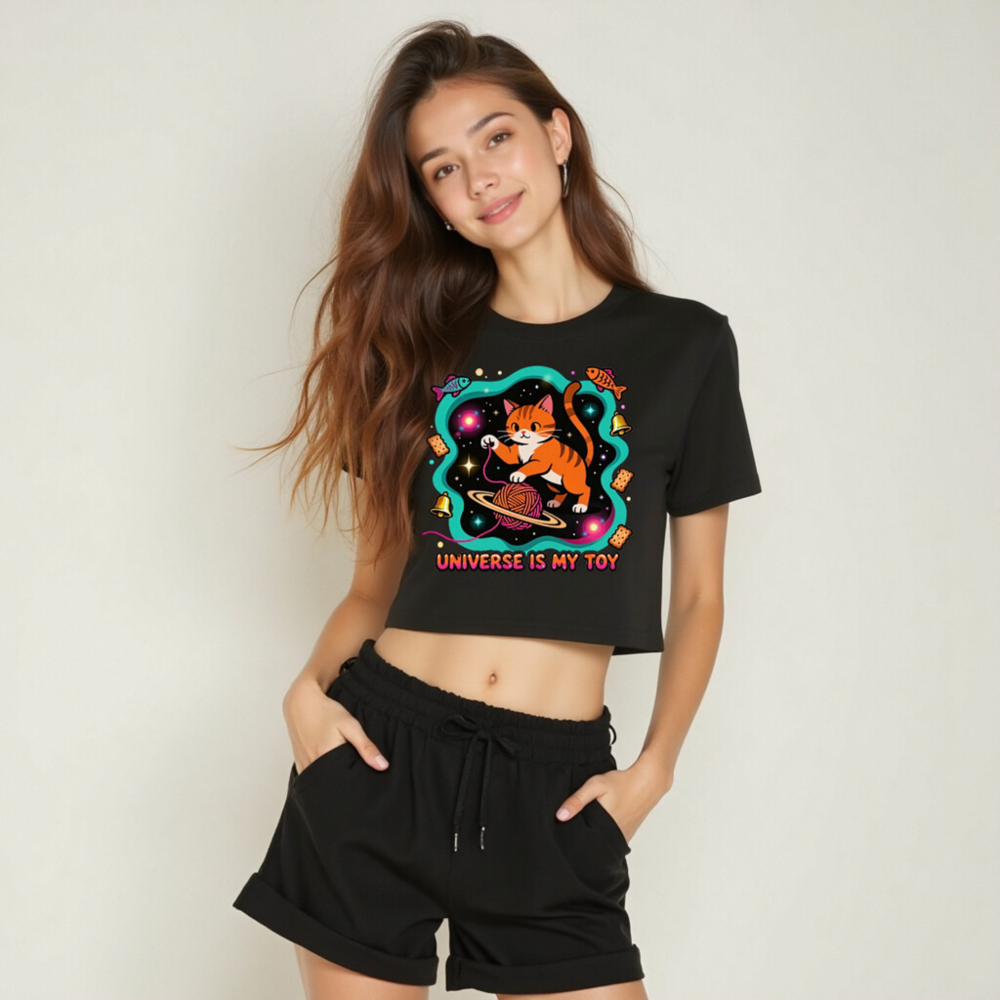 Women's Crop Top - Orange Tabby Cat Universe Toy, Space Yarn Planet Design - Image 6