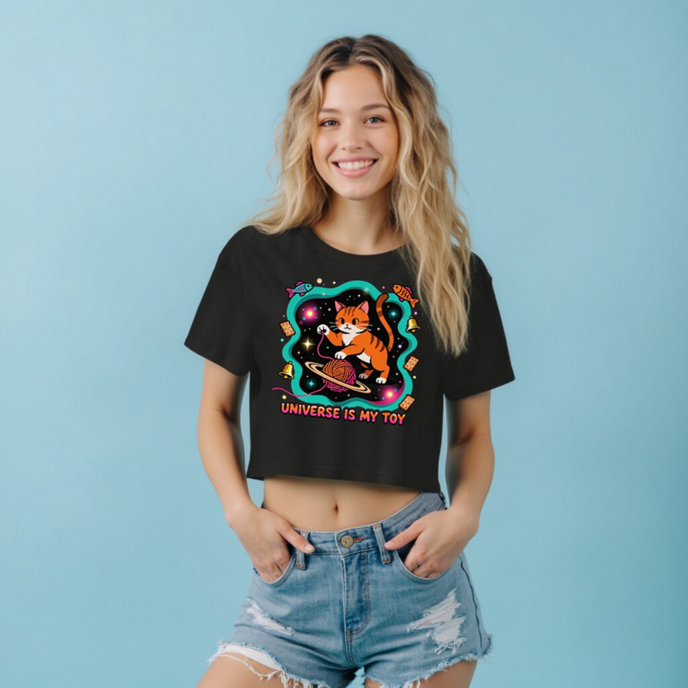 Women's Crop Top - Orange Tabby Cat Universe Toy, Space Yarn Planet Design - Image 7