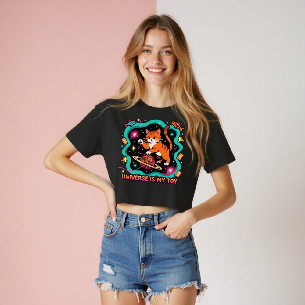 Women's Crop Top - Orange Tabby Cat Universe Toy, Space Yarn Planet Design - Image 8
