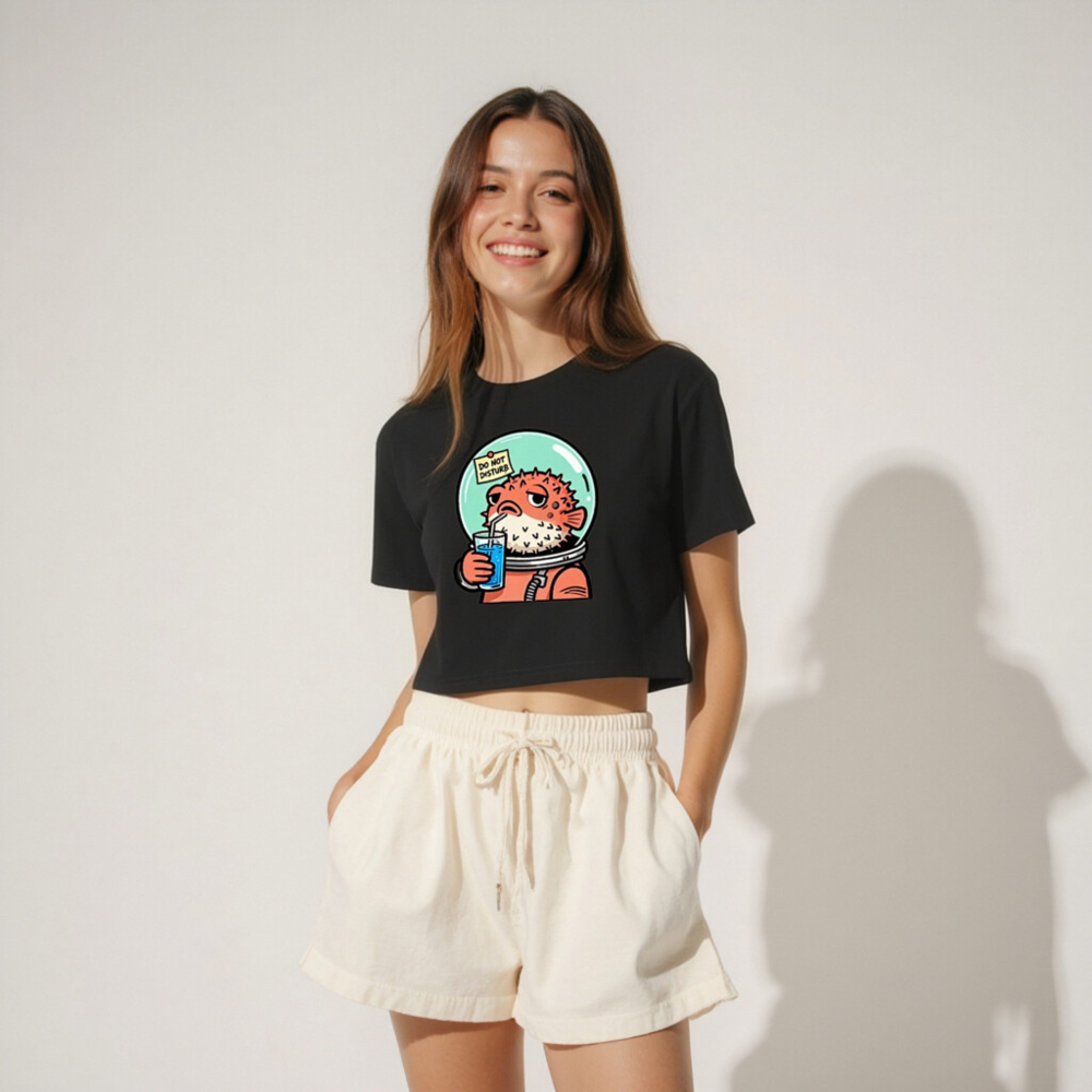 Pufferfish Astronaut Women's Crop Top - Space Fish Drinking Blue Juice, 'Do Not Disturb' Sign - Image 4