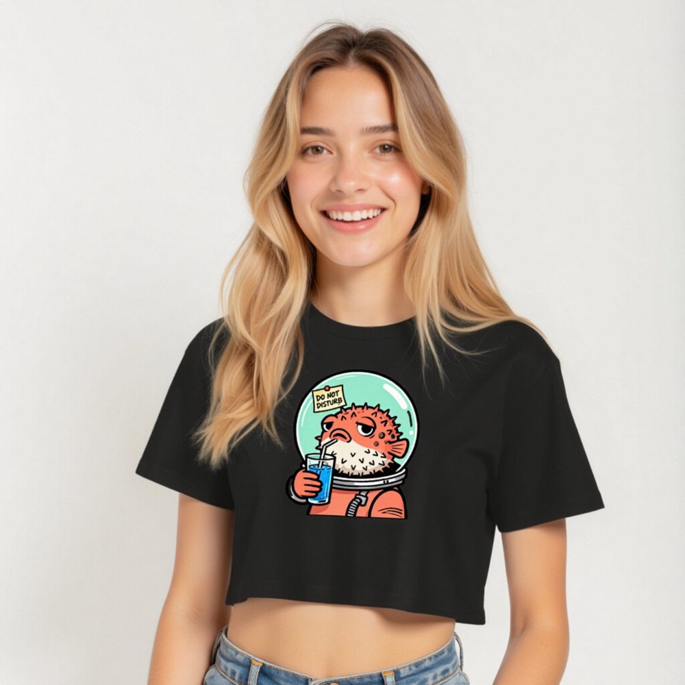 Pufferfish Astronaut Women's Crop Top - Space Fish Drinking Blue Juice, 'Do Not Disturb' Sign - Image 5
