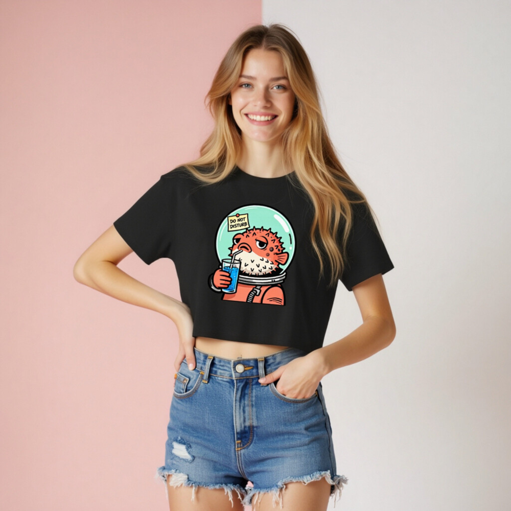 Pufferfish Astronaut Women's Crop Top - Space Fish Drinking Blue Juice, 'Do Not Disturb' Sign - Image 8