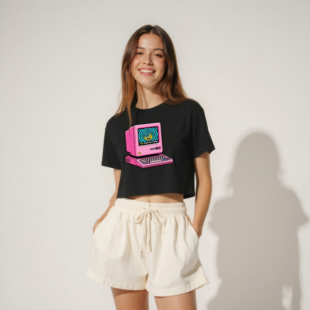 Pink Retro Computer 404 Brain Not Found Women's Crop Top - Vintage Tech Graphic Tee - Image 4