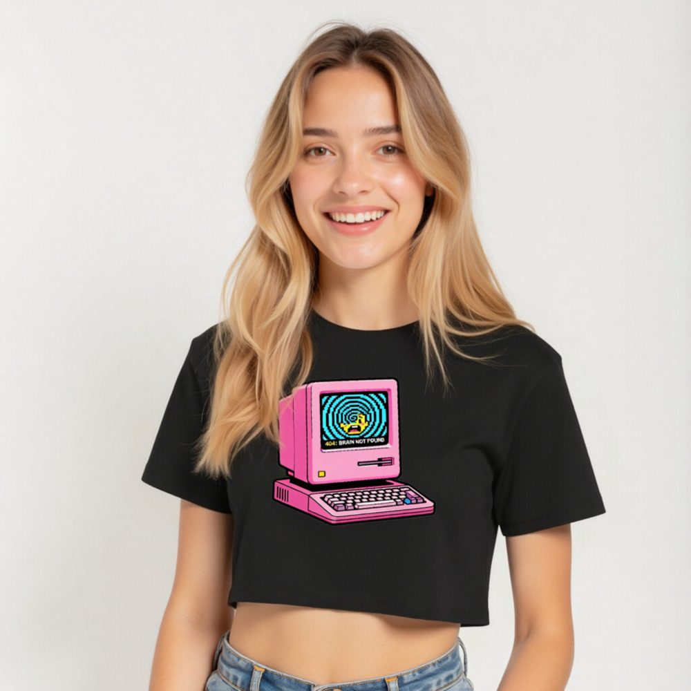 Pink Retro Computer 404 Brain Not Found Women's Crop Top - Vintage Tech Graphic Tee - Image 5