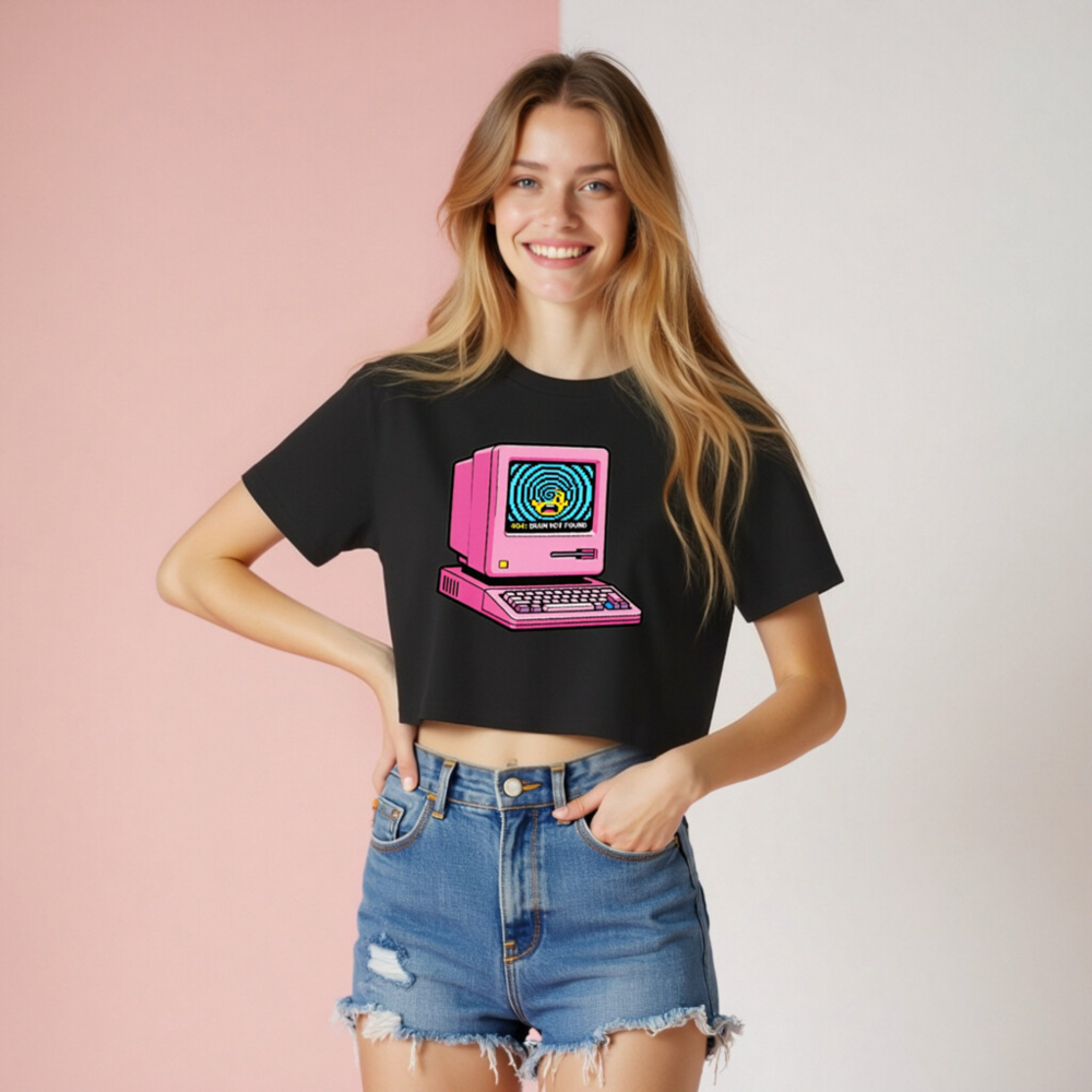 Pink Retro Computer 404 Brain Not Found Women's Crop Top - Vintage Tech Graphic Tee - Image 8