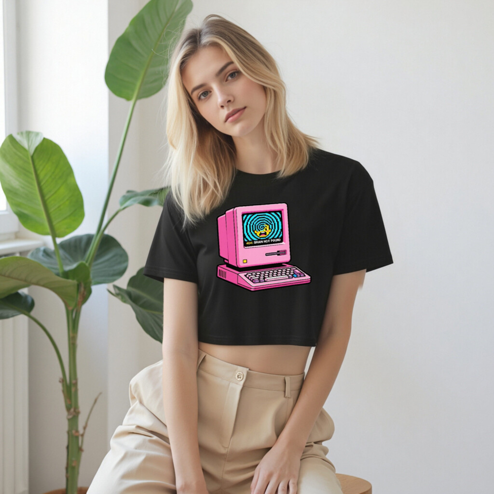 Pink Retro Computer 404 Brain Not Found Women's Crop Top - Vintage Tech Graphic Tee - Image 9