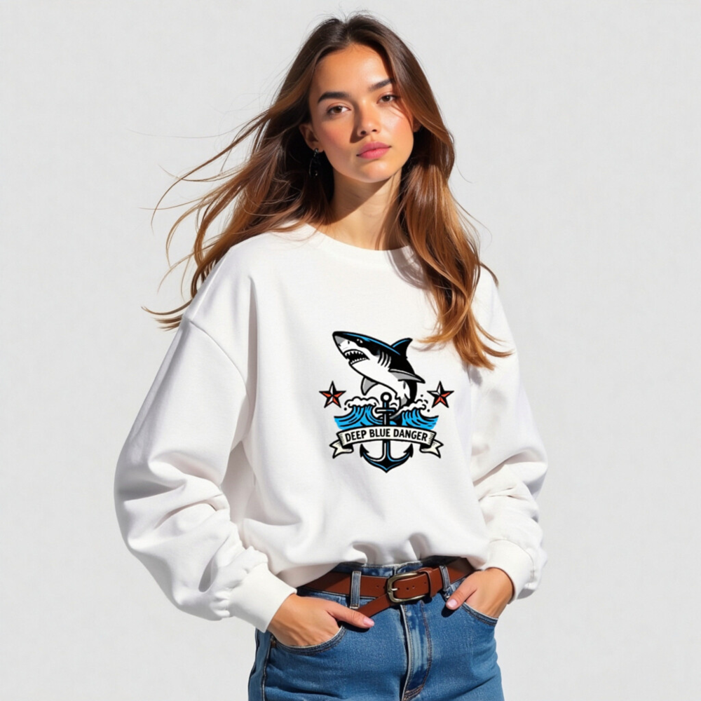 Deep Blue Danger Shark Anchor Long Sleeve Tee - Unisex Nautical Shirt - Image 4