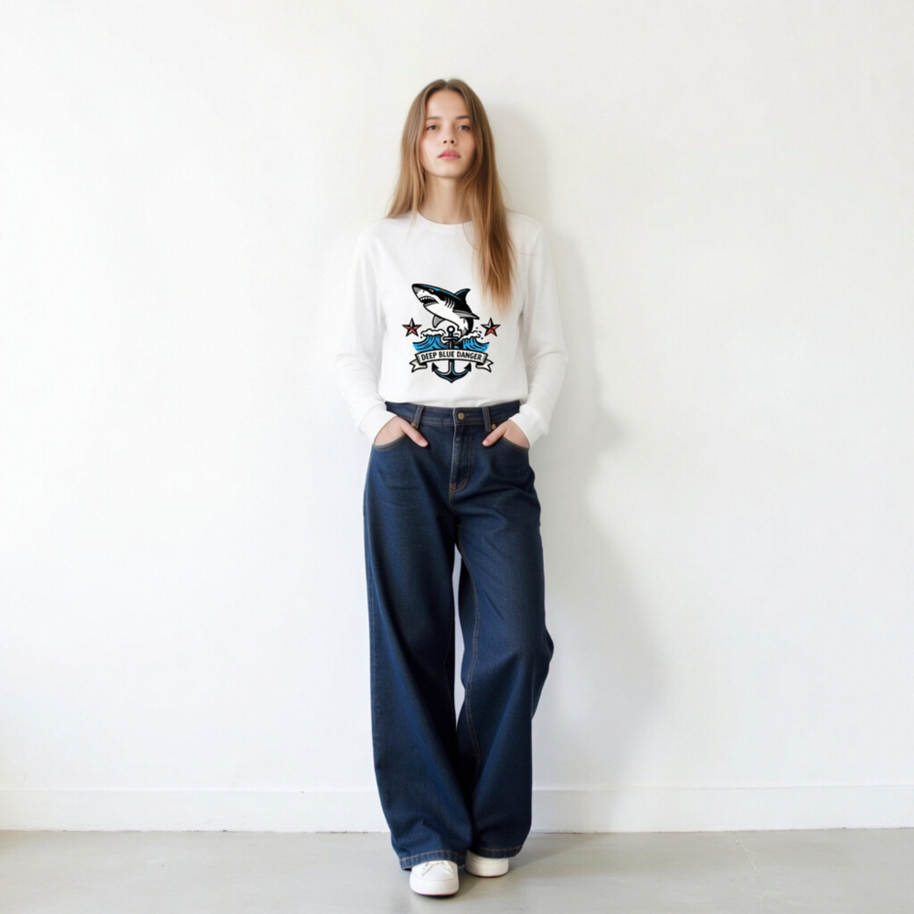 Deep Blue Danger Shark Anchor Long Sleeve Tee - Unisex Nautical Shirt - Image 9