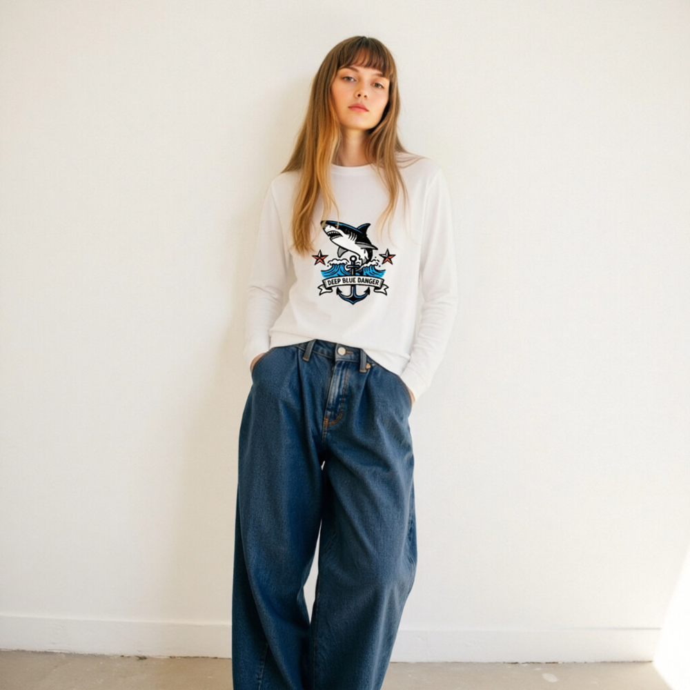 Deep Blue Danger Shark Anchor Long Sleeve Tee - Unisex Nautical Shirt - Image 10
