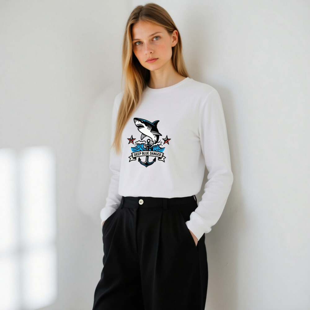 Deep Blue Danger Shark Anchor Long Sleeve Tee - Unisex Nautical Shirt - Image 11