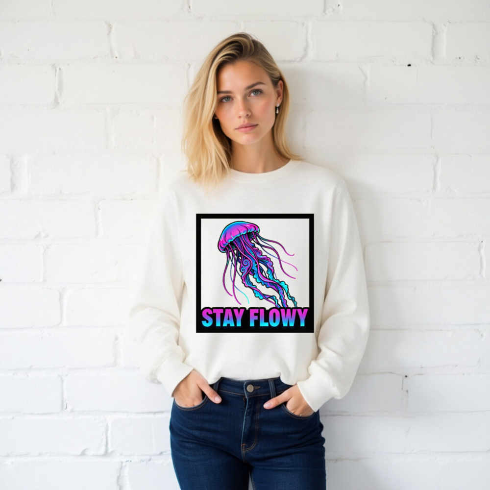 Stay Flowy Jellyfish Unisex Long Sleeve Tee - Neon Purple & Blue - Image 2