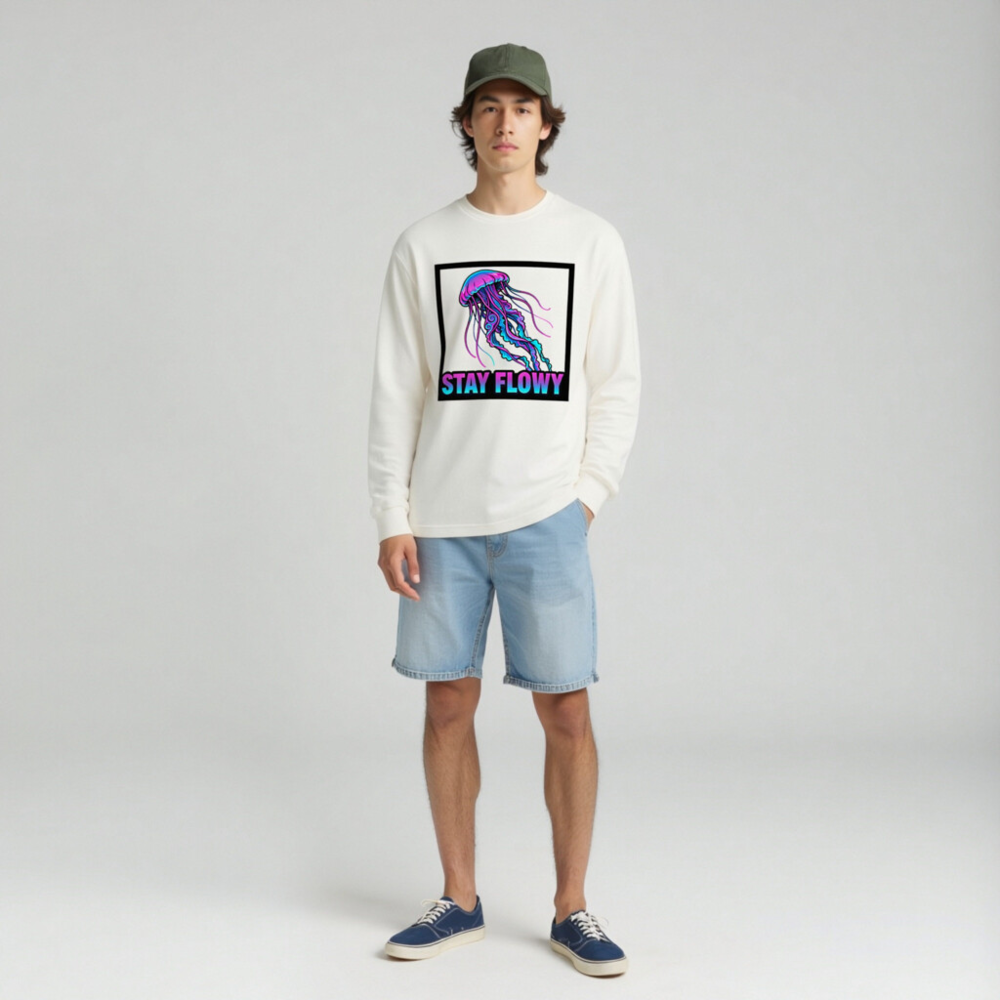 Stay Flowy Jellyfish Unisex Long Sleeve Tee - Neon Purple & Blue - Image 3
