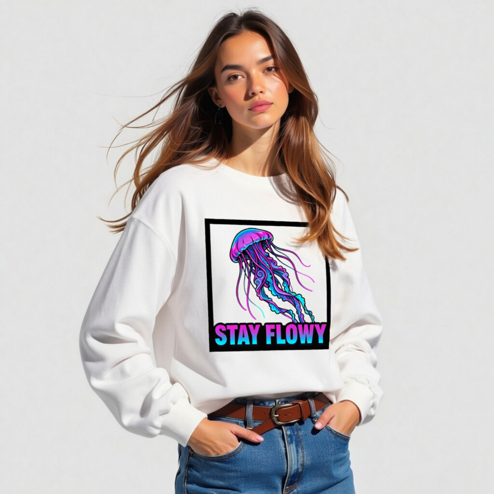 Stay Flowy Jellyfish Unisex Long Sleeve Tee - Neon Purple & Blue - Image 4