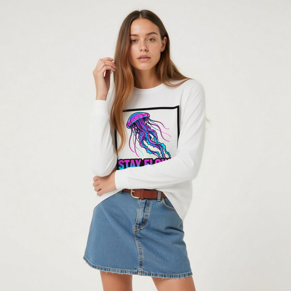 Stay Flowy Jellyfish Unisex Long Sleeve Tee - Neon Purple & Blue - Image 6