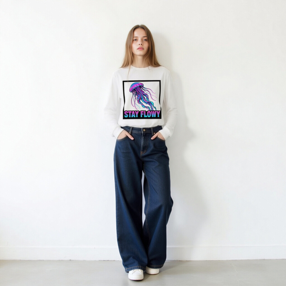 Stay Flowy Jellyfish Unisex Long Sleeve Tee - Neon Purple & Blue - Image 9