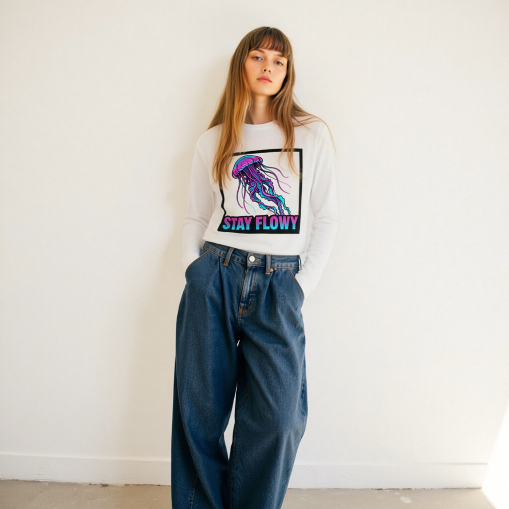 Stay Flowy Jellyfish Unisex Long Sleeve Tee - Neon Purple & Blue - Image 10