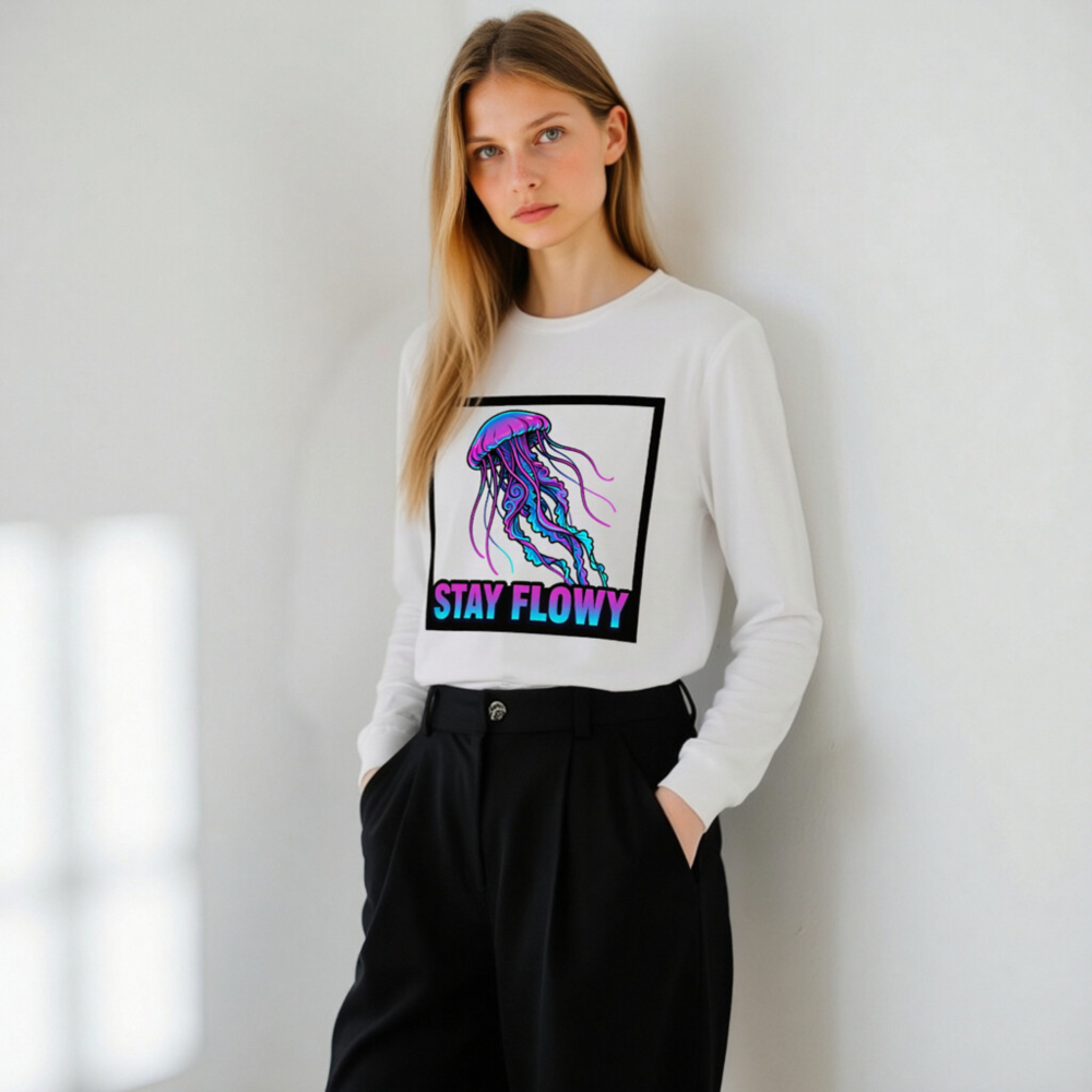 Stay Flowy Jellyfish Unisex Long Sleeve Tee - Neon Purple & Blue - Image 11