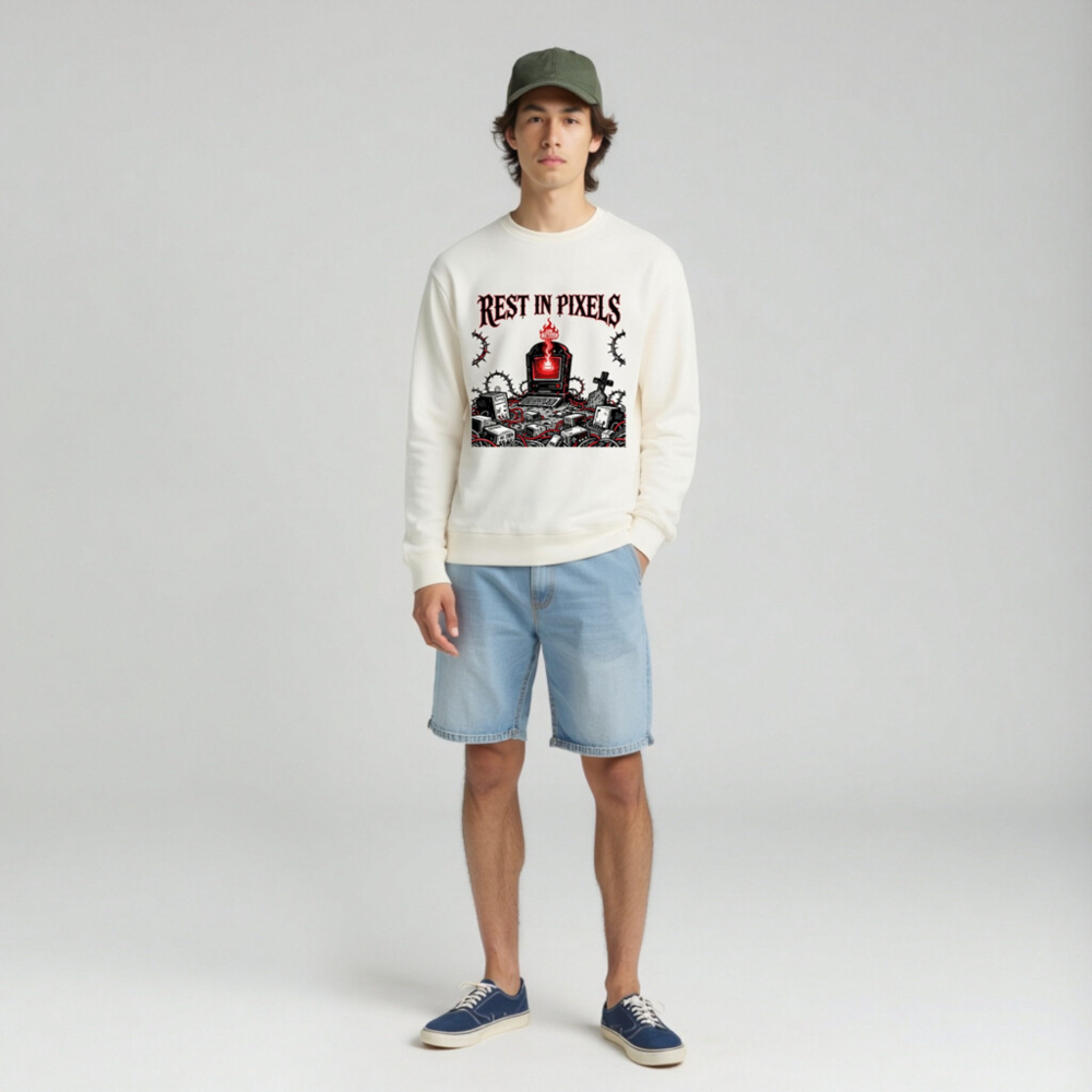 Rest in Pixels | Low Battery™ Unisex Long Sleeve Tee - Gothic Tech Graveyard Design - Image 3