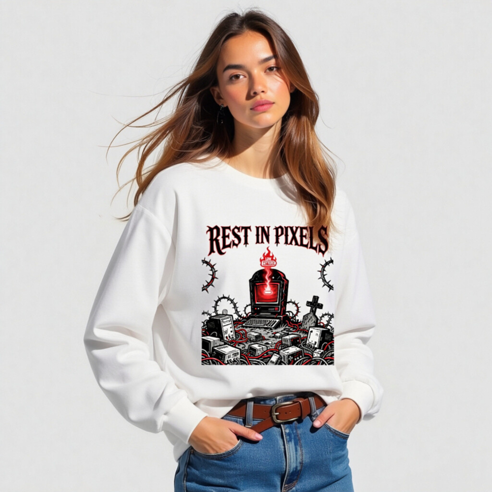 Rest in Pixels | Low Battery™ Unisex Long Sleeve Tee - Gothic Tech Graveyard Design - Image 4