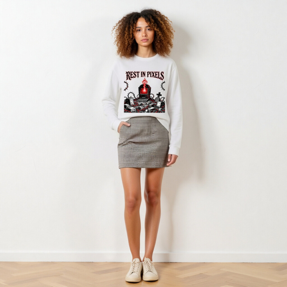 Rest in Pixels | Low Battery™ Unisex Long Sleeve Tee - Gothic Tech Graveyard Design - Image 5