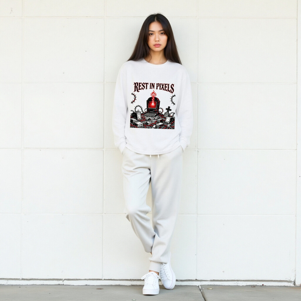 Rest in Pixels | Low Battery™ Unisex Long Sleeve Tee - Gothic Tech Graveyard Design - Image 7