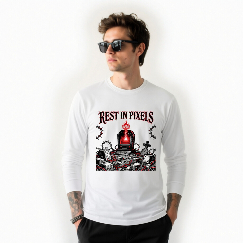 Rest in Pixels | Low Battery™ Unisex Long Sleeve Tee - Gothic Tech Graveyard Design - Image 8