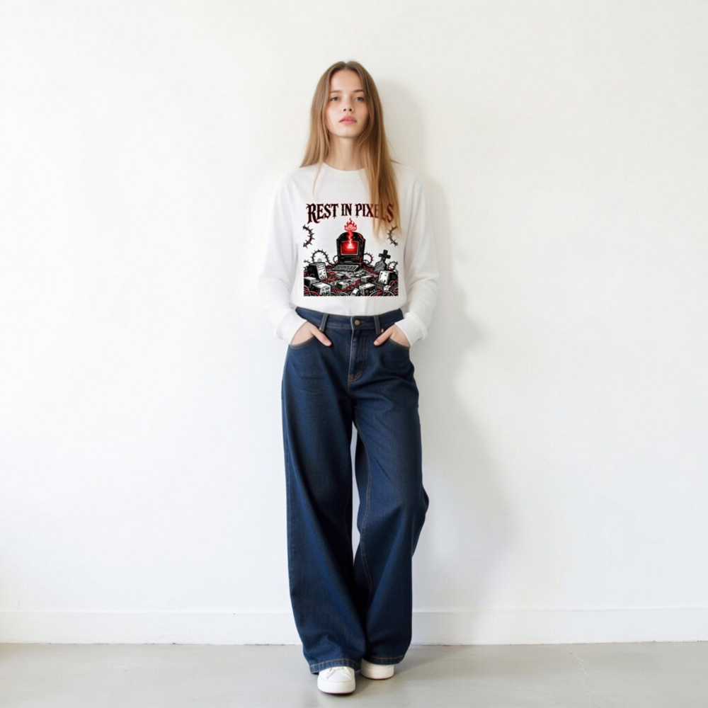 Rest in Pixels | Low Battery™ Unisex Long Sleeve Tee - Gothic Tech Graveyard Design - Image 9