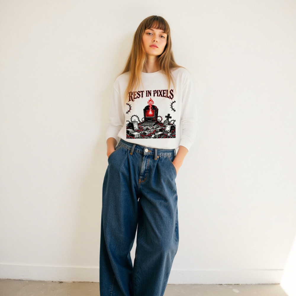 Rest in Pixels | Low Battery™ Unisex Long Sleeve Tee - Gothic Tech Graveyard Design - Image 10