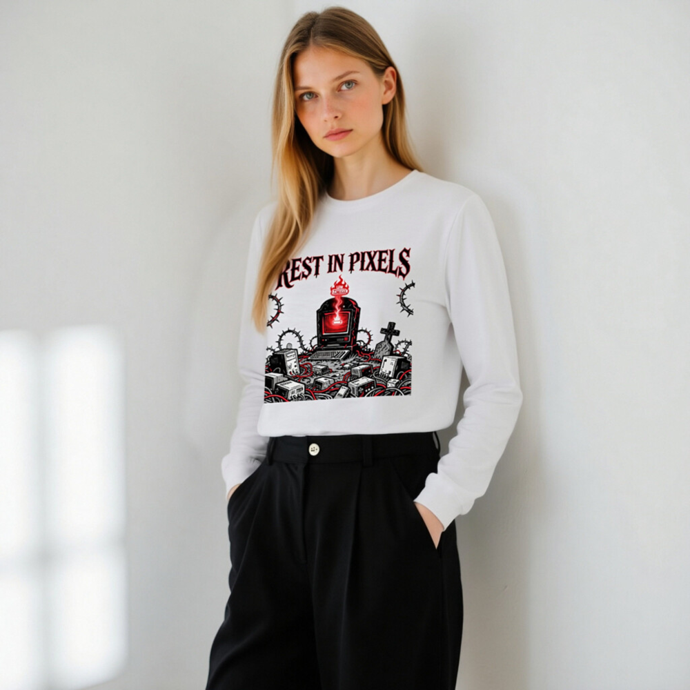 Rest in Pixels | Low Battery™ Unisex Long Sleeve Tee - Gothic Tech Graveyard Design - Image 11