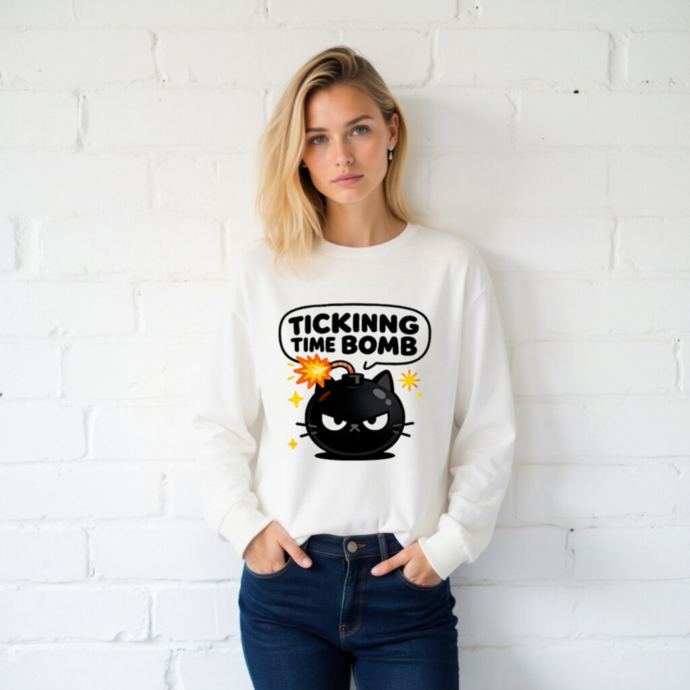 Tickinng Time Bomb Cat Long Sleeve Tee - Unisex Black Bomb Kitten Shirt - Image 2