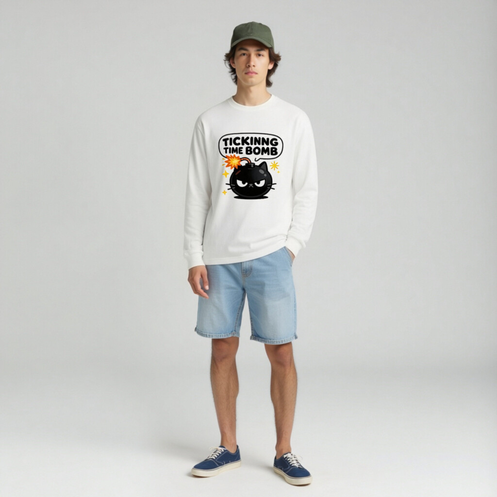 Tickinng Time Bomb Cat Long Sleeve Tee - Unisex Black Bomb Kitten Shirt - Image 3