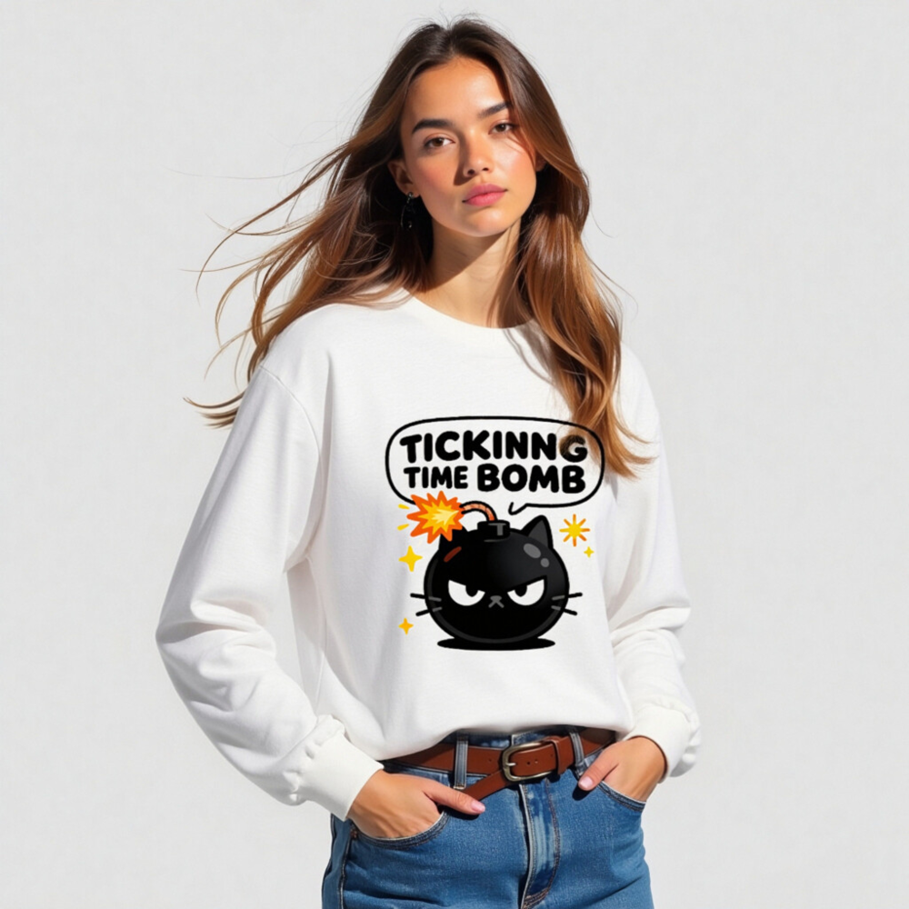 Tickinng Time Bomb Cat Long Sleeve Tee - Unisex Black Bomb Kitten Shirt - Image 4