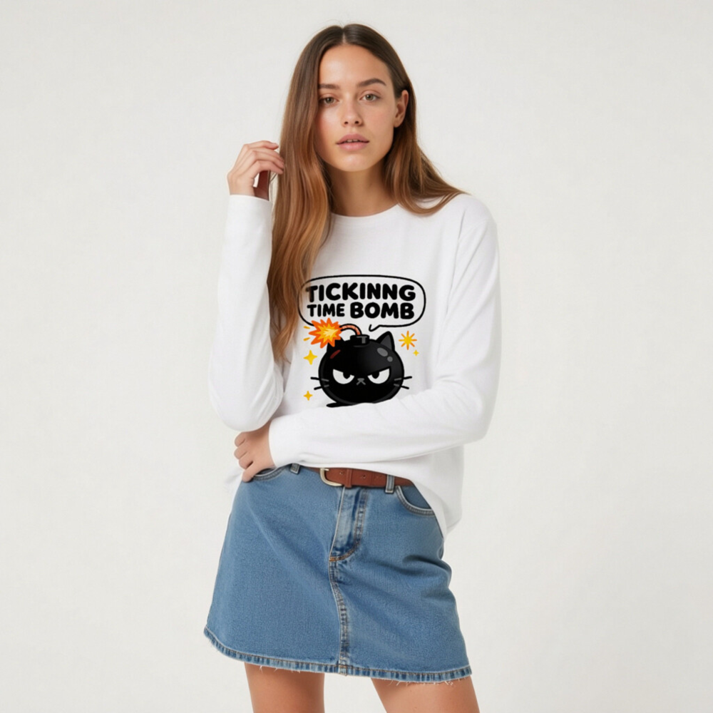 Tickinng Time Bomb Cat Long Sleeve Tee - Unisex Black Bomb Kitten Shirt - Image 6