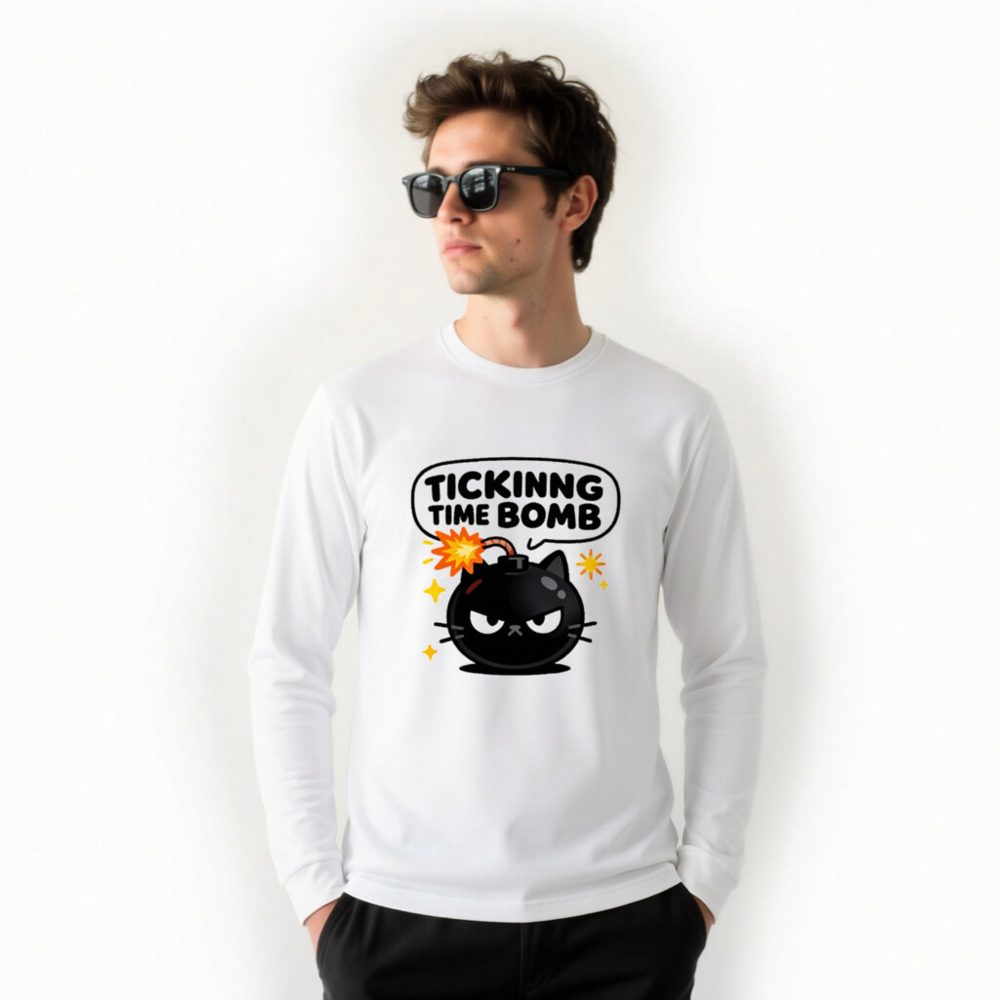 Tickinng Time Bomb Cat Long Sleeve Tee - Unisex Black Bomb Kitten Shirt - Image 8