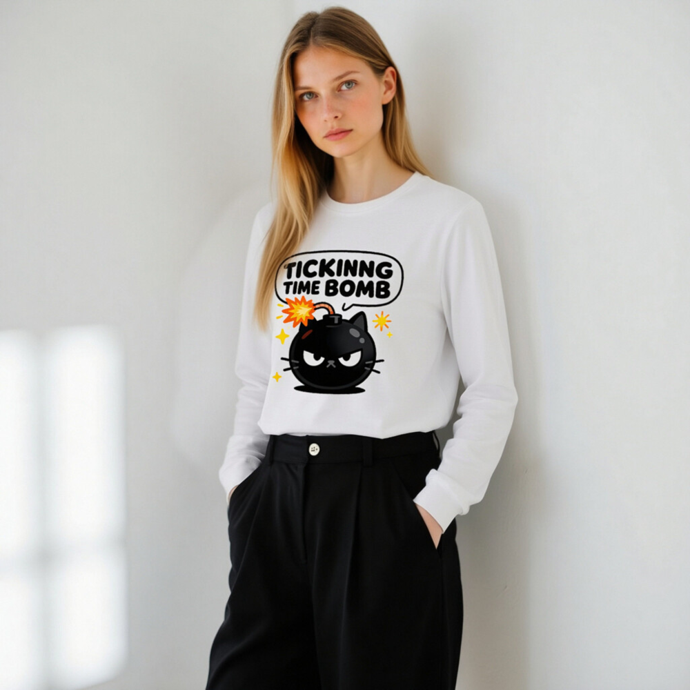 Tickinng Time Bomb Cat Long Sleeve Tee - Unisex Black Bomb Kitten Shirt - Image 11