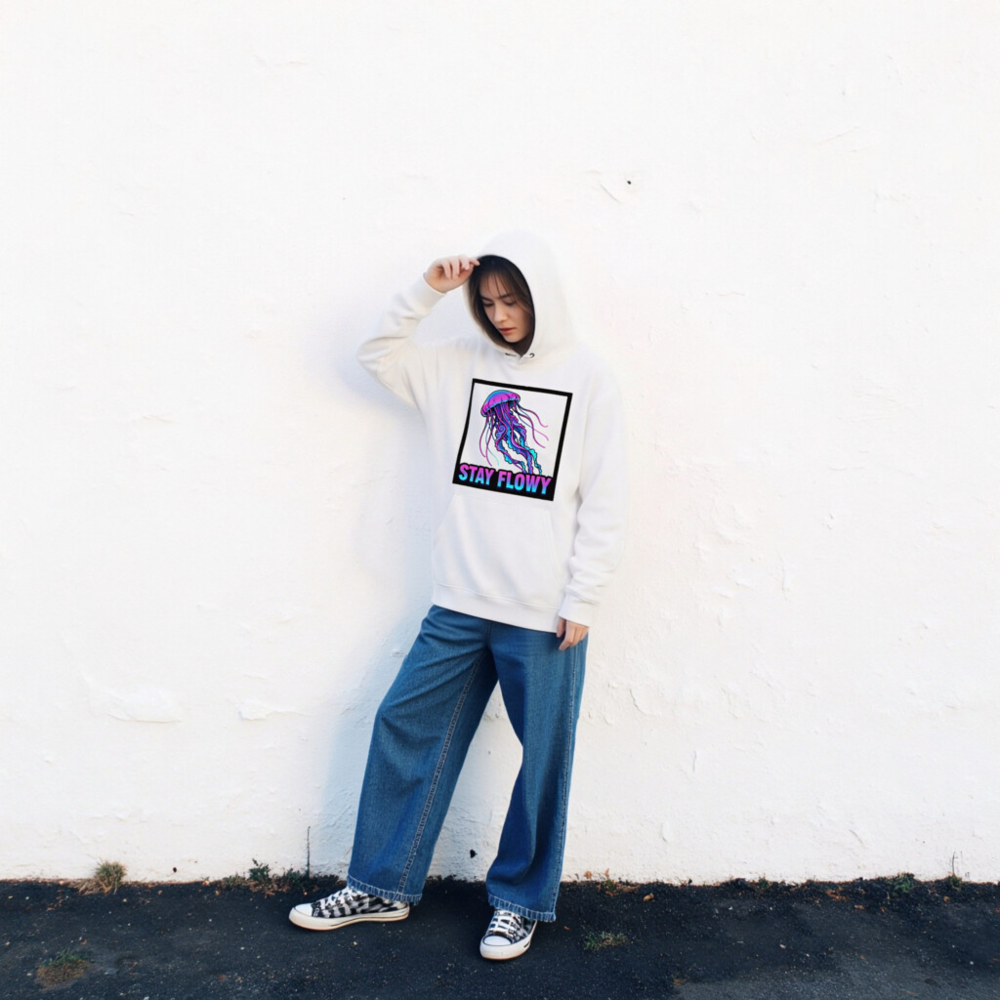 Unisex Eco Hoodie - Stay Flowy Jellyfish Design | Sustainable Cotton Blend - Image 2