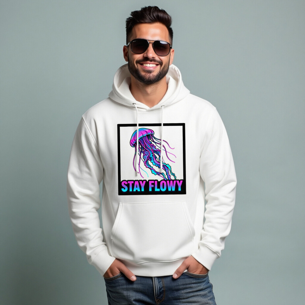 Unisex Eco Hoodie - Stay Flowy Jellyfish Design | Sustainable Cotton Blend - Image 6
