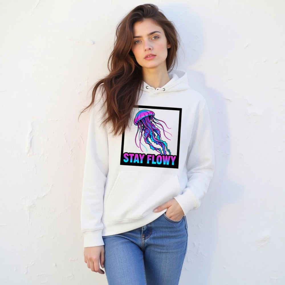 Unisex Eco Hoodie - Stay Flowy Jellyfish Design | Sustainable Cotton Blend - Image 9